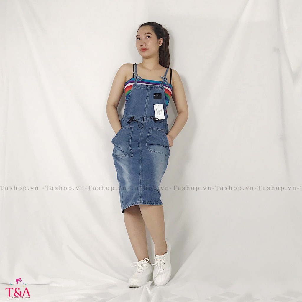 Yếm Váy Jeans Nữ Chất Bò Phối 2 Túi Trước Kèm Dây Rút Eo Mang Phong Cách Ulzzang Hàn Quốc - Tashopvn 425
