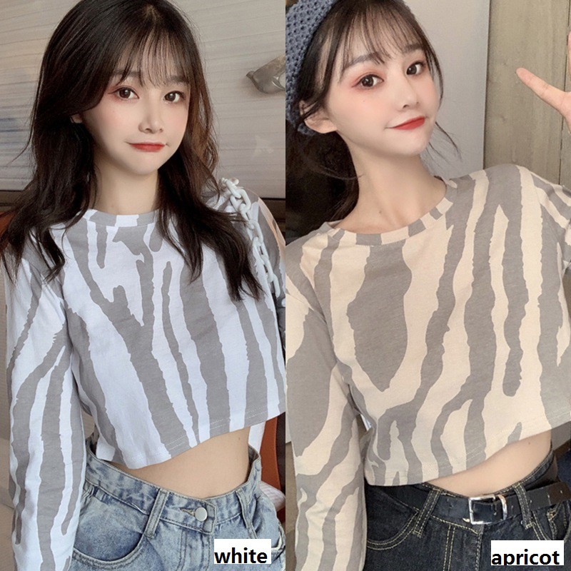 Áo crop top thời trang cho phái nữ tay dàI dáng rộng họa tiết sọc ngựa vằn