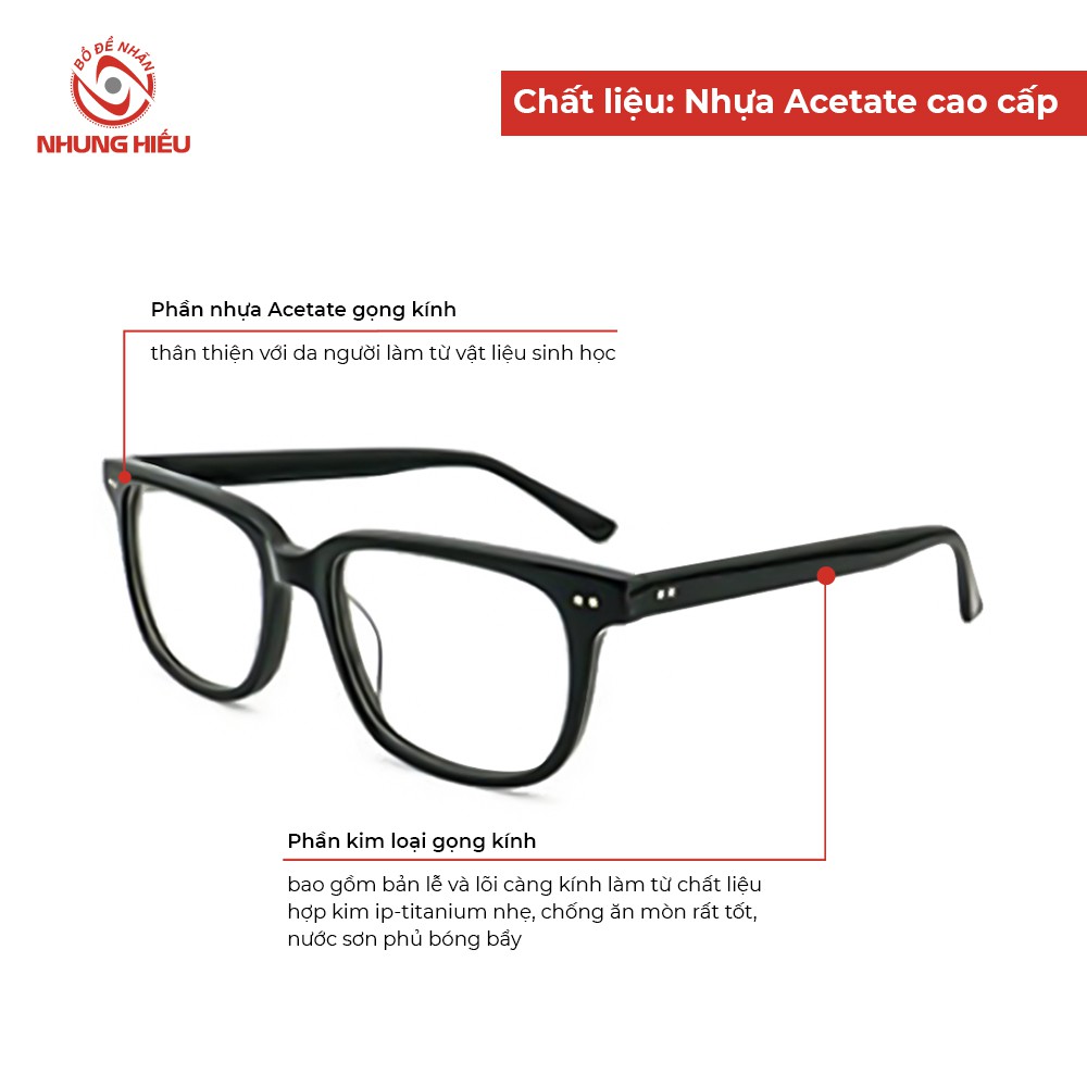 Gọng kính cận thời trang nam nữ NHUNG HIẾU nhựa Acetate lõi Titan cao cấp dáng basic