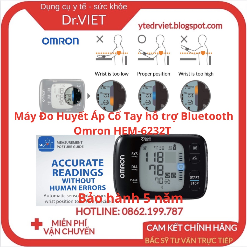 Máy Đo Huyết Áp Cổ Tay hỗ trợ Bluetooth Omron HEM-6232T - Báo huyết áp và nhịp tim chính xác,bảo hành 5 năm-Drviet