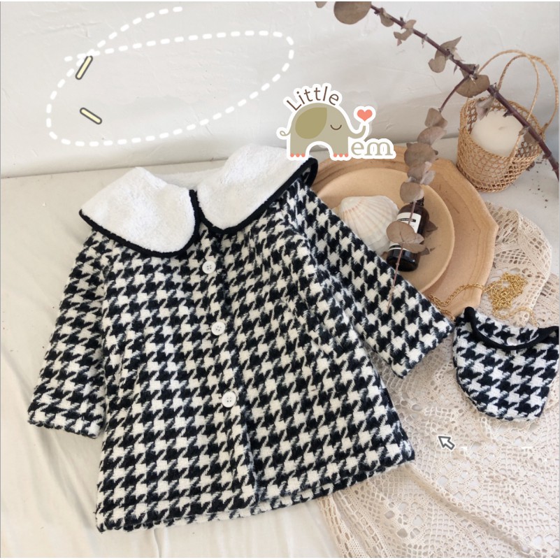 Set Áo khoác houndstooth chần bông cho bé + Túi đeo chéo dây gold