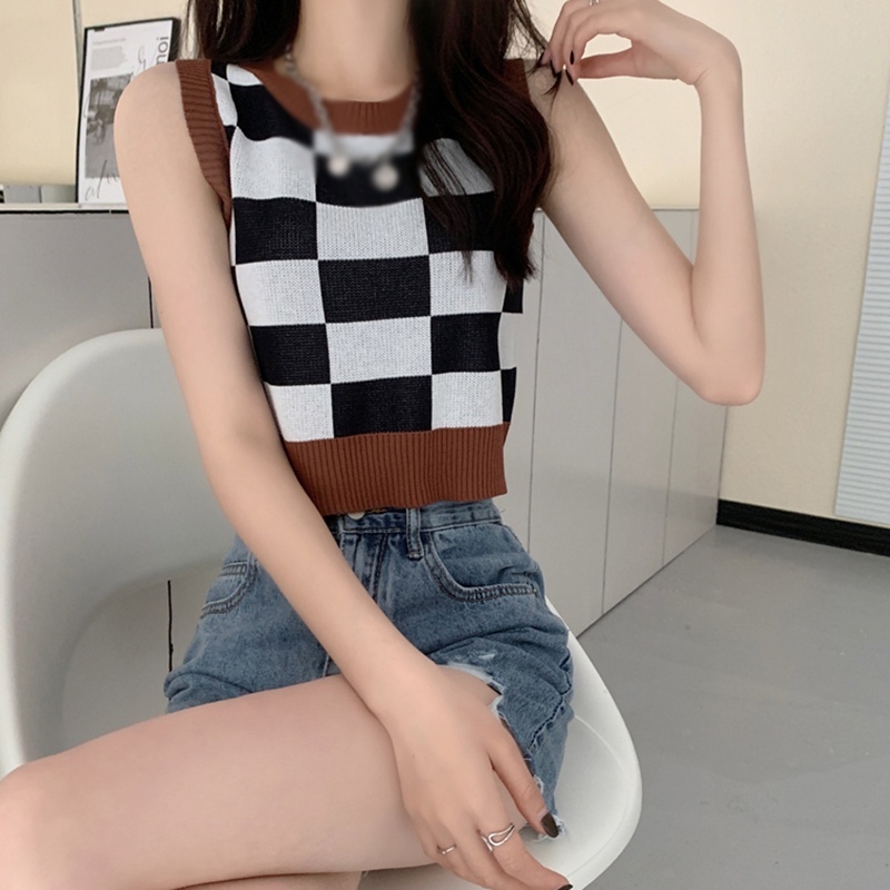 Áo Croptop Dệt Kim Không Tay Dáng Rộng Màu Sắc Thời Trang Cho Nữ