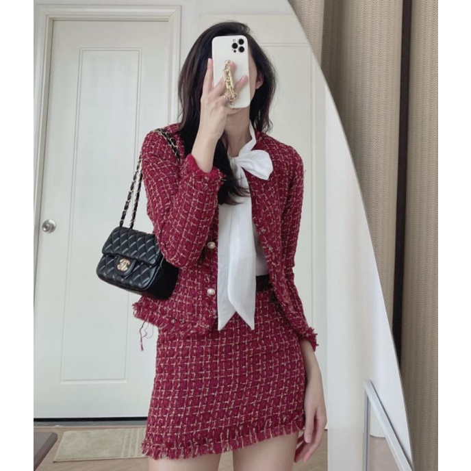 Set dạ tweed kim tuyến đỏ, trắng, đen 2 món