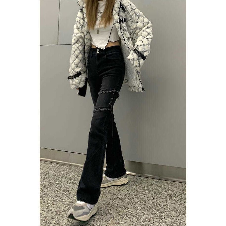 Jiashucheng Quần Jean Lưng Cao Dáng Ôm Cột Dây Thời Trang Đường Phố Mới Cho Nữ