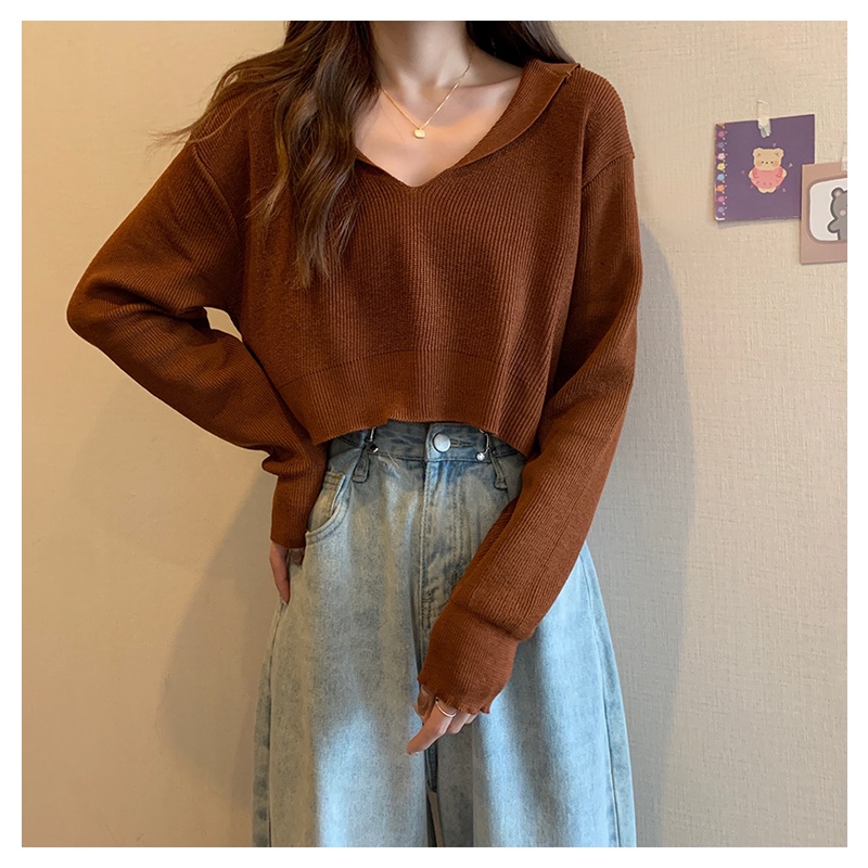 Áo croptop SUXI dệt kim tay dài dáng rộng cổ chữ V phong cách Hàn Quốc