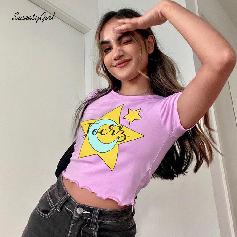 Áo Croptop Tay Ngắn Cổ Tròn In Họa Tiết Hoạt Hình Dành Cho Nữ