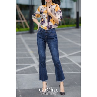 [XANH ĐẬM XƯỚC] Quần jean nữ Ống loe Gấu tua - 86cm