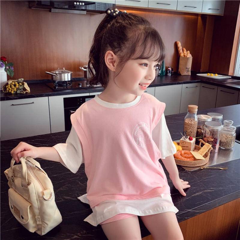 Áo Thun Tay Ngắn Giả Hai Mảnh Dáng Rộng Vải Cotton Thời Trang Xuân Thu Cho Bé Gái