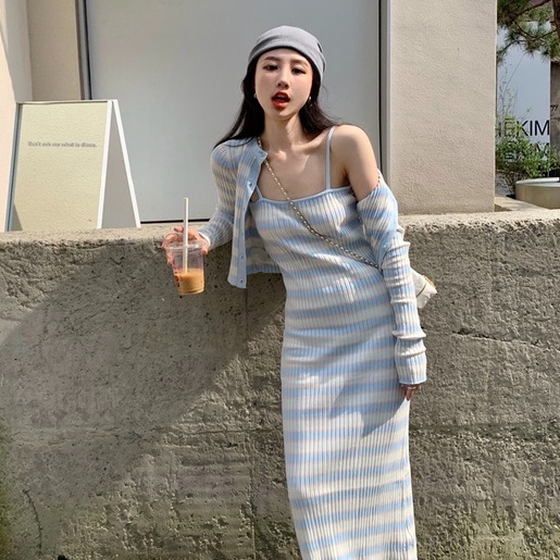 Áo Khoác Cardigan + Áo Hai Dây Dệt Kim Mỏng Thời Trang Mùa Thu