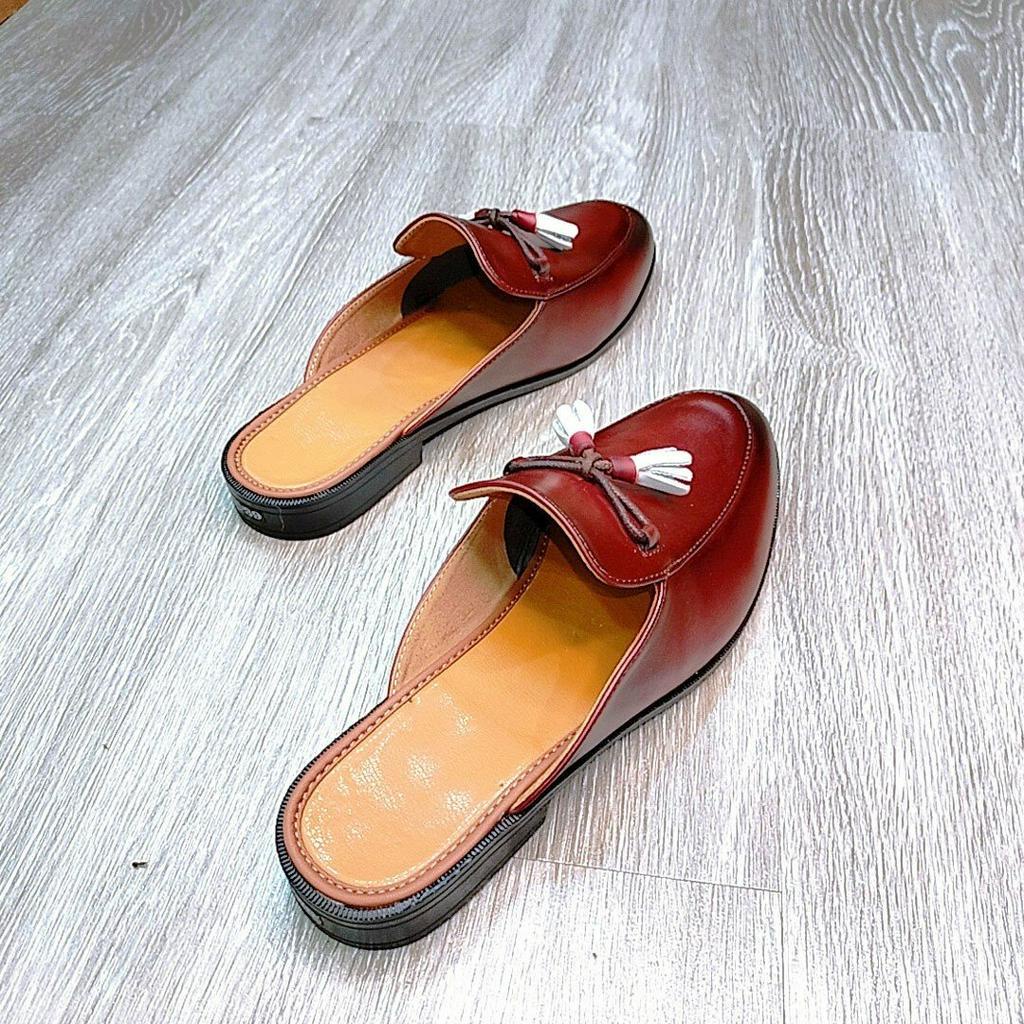 Giày sục da nam đánh màu patina nâu buộc nơ may full viền đế cao su da cao cấp mới nhất 2023