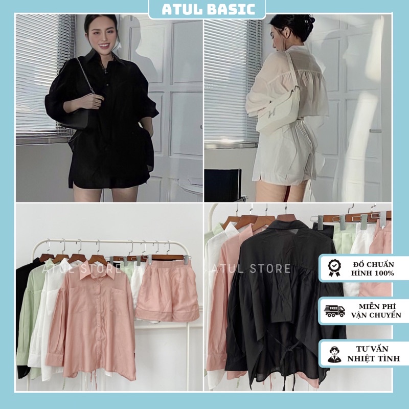 Set Đồ Nữ, Set Áo Sơmi Tay Dài Hở Lưng Cột Dây Kèm Quần Short Chất Tơ Lụa Mỏng Nhẹ Form Rộng Bigsize - Mona Set
