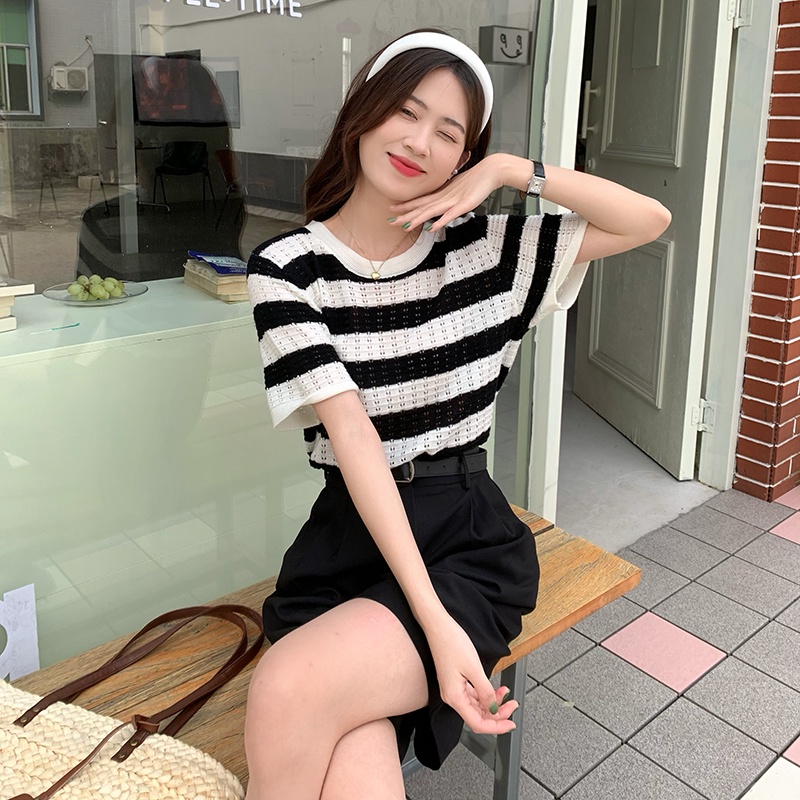 Áo dệt kim ZHELIHANGFEI ngắn tay cổ tròn họa tiết ca rô phong cách Hàn Quốc dành cho nữ