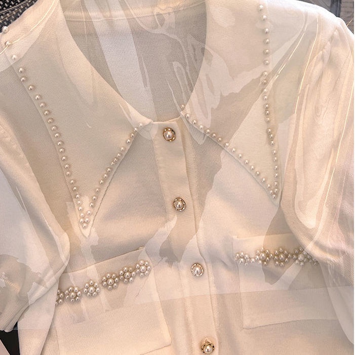 Áo Cardigan Dệt Kim Mỏng Tay Phồng Đính Hạt Thời Trang Mùa Hè Dành Cho Nữ