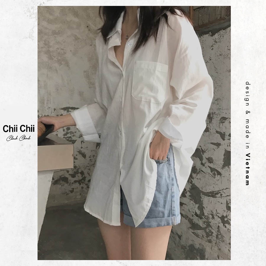 Áo sơ mi đũi trắng nữ dài tay đi biển , sơ mi nữ ulzzang xinh chất đũi mềm mại thoáng mát đuôi tôm SM001