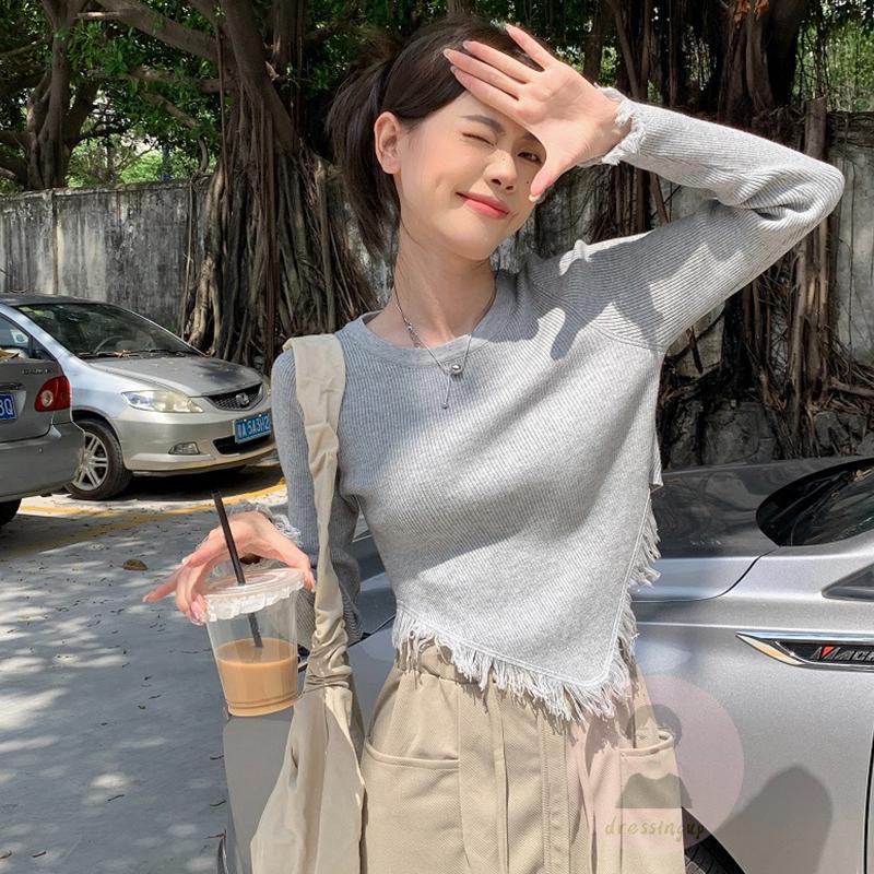 Áo Thun Nữ Dài Tay Cổ Tròn Tua Rua Lệch Tà Thời Trang