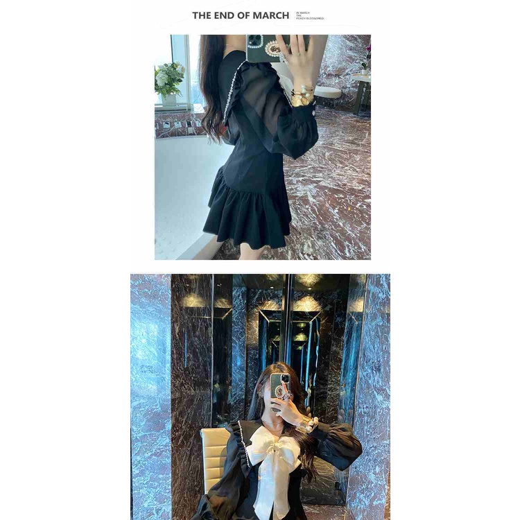 Đầm ôm eo đính nơ thời trang thu đông phong cách Pháp mới 2021