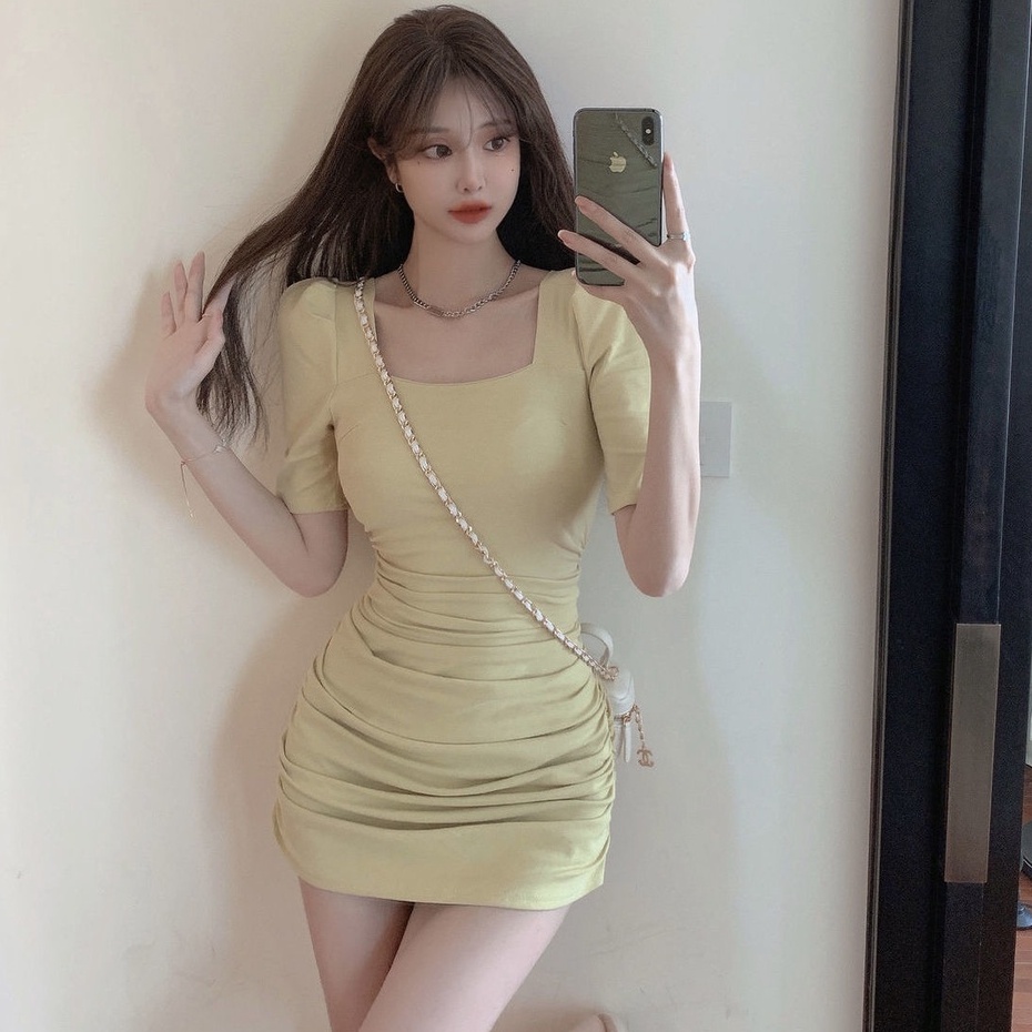Đầm Ngắn Ôm Eo Tay Phồng Cổ Vuông Xếp Ly Màu Trơn Phong Cách Thời Trang Mới Dành Cho Nữ