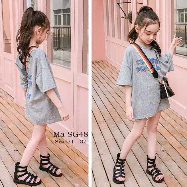 Giày Sandal chiến binh bé gái 5 - 12 tuổi thời trang da mềm, màu đen dễ phối đồ đi chơi đi biển hè phong cách SG48