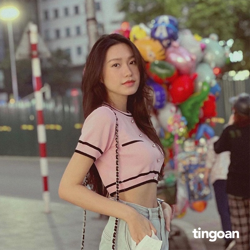 TINGOAN® - Áo len ngắn tay viền đen chống nhăn hồng ALISSA TOP/PK