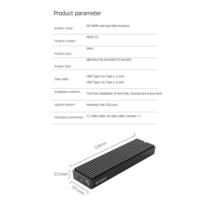 Box ORICO M2PV-C3 USB3.1 Type-C - Biến SSD M.2 NVMe PCIe thành ổ cứng di động