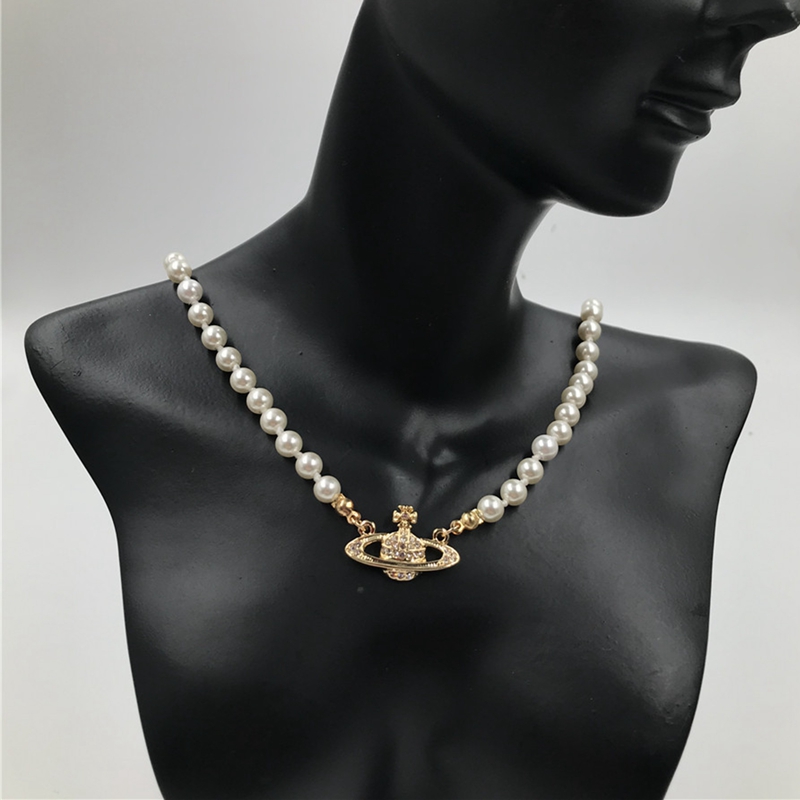 Dây chuyền choker ngắn đính ngọc trai mặt hình hành tinh cổ điển thời trang sang trọng cho nữ