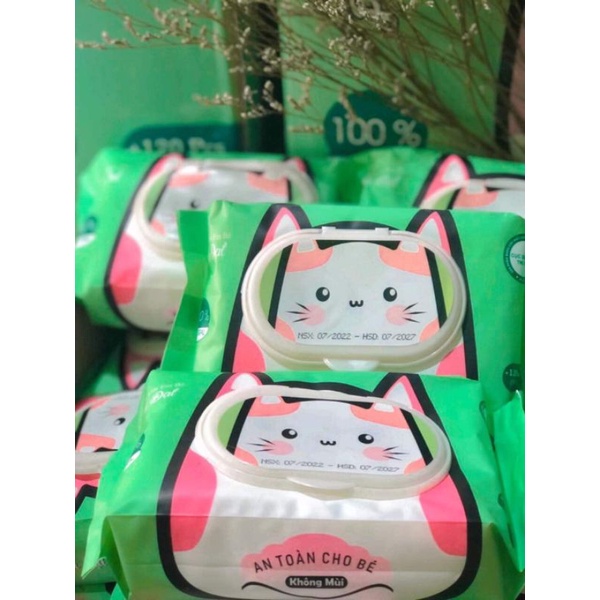 [MẪU CON MÈO]khăn giấy ướt 120 tờ không mùi an toàn cho bé phú đạt hình con bé đáng yêu date mới nhất
