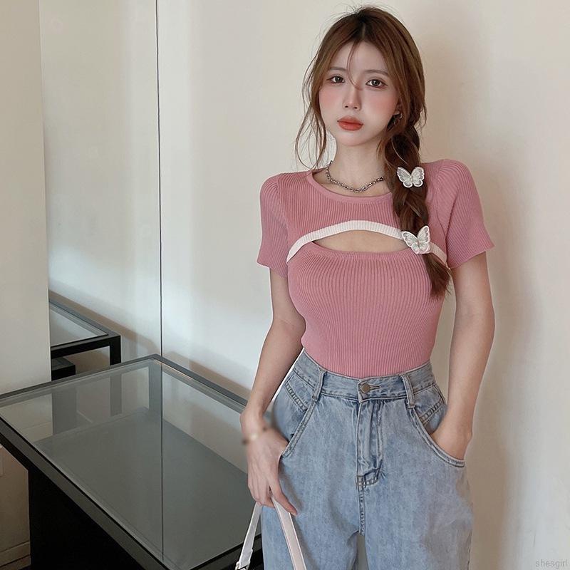 Áo dệt kim cổ tròn tay ngắn form ôm thời trang mùa hè trẻ trung cho nữ