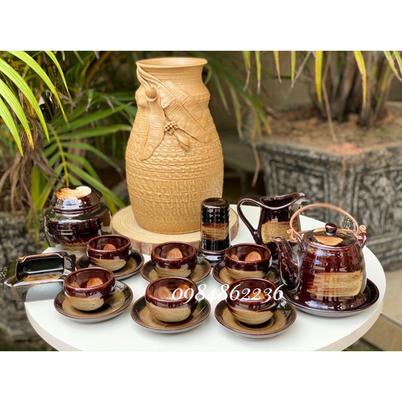 Bộ ấm chén HOA TRONG LÒNG CHÉN men nâu quết Bát Tràng - Bộ trà Bát Tràng