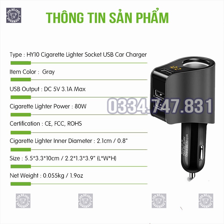 Tẩu sạc ô tô sạc nhanh với 3 cổng USD 1 đầu tẩu kết nối chính hãng cao cấp có đèn báo vol không nóng