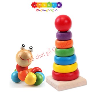 Combo đồ chơi sâu gỗ và tháp cầu vồng - Đồ chơi gỗ dành cho bé, đồ chơi phát triển trí tuệ