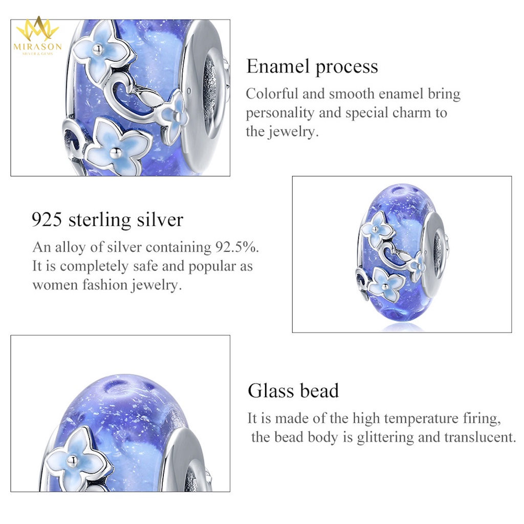 Charm Bạc 925 MIRASON Tròn Đá Xanh Mix Hoa Lá MCH008
