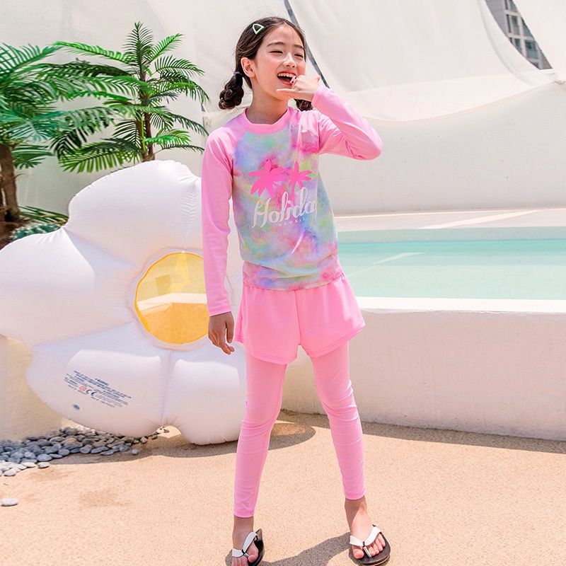 Bộ Đồ Bơi 2 Mảnh Tay Dài In Họa Tiết Xinh Xắn Thời Trang Đi Biển Cho Bé Gái