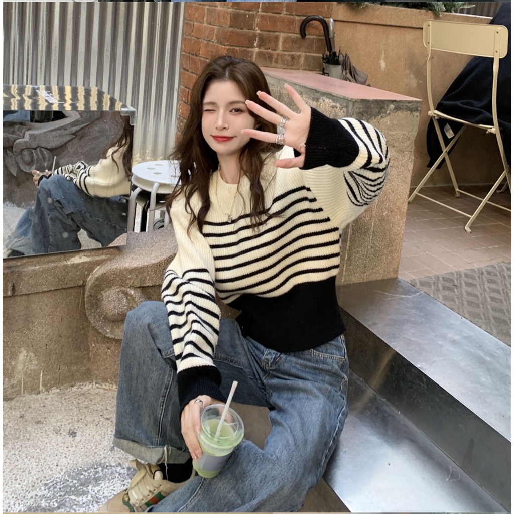 Áo len ZHELIHANGFEI tay dài họa tiết kẻ sọc xẻ tà thời trang cho nữ