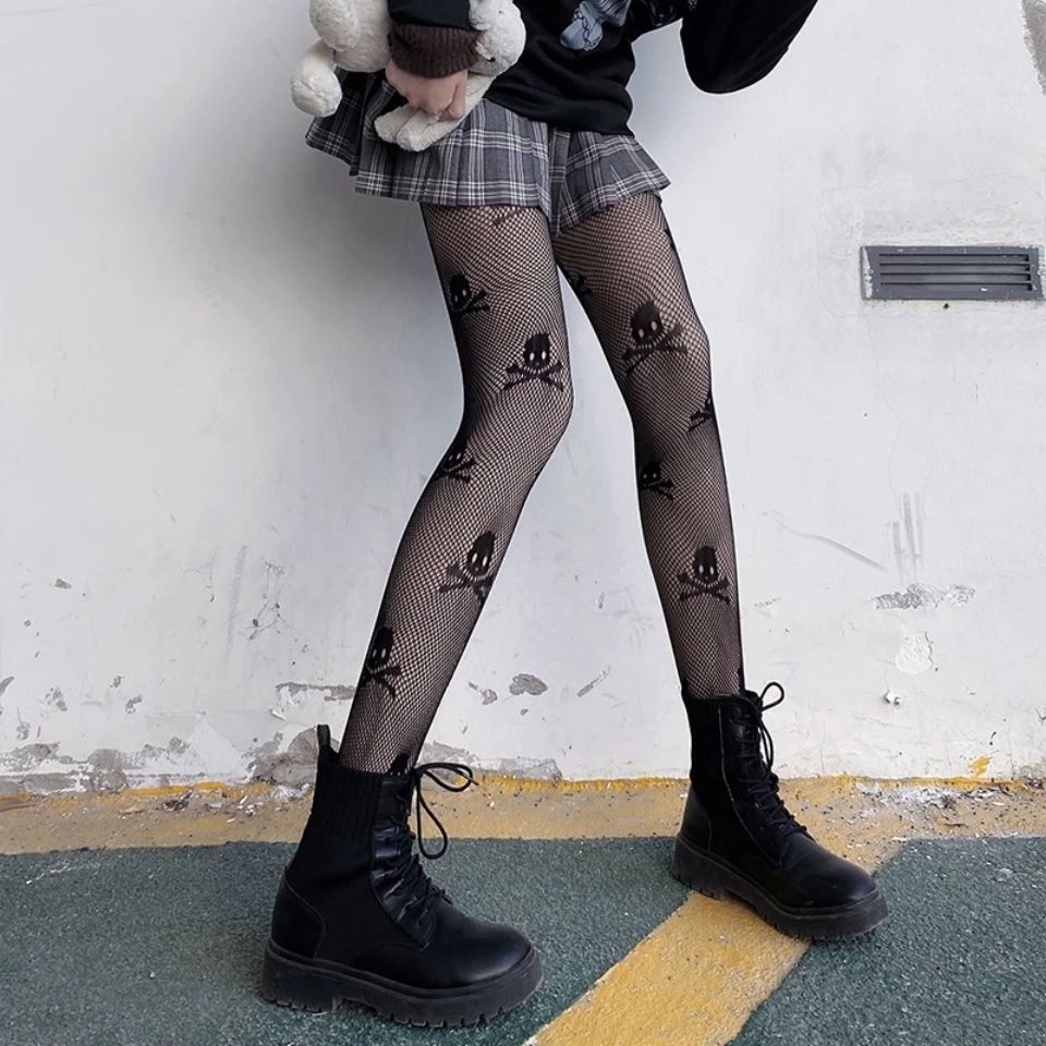 Quần tất lưới cổ cao in họa tiết đầu lâu phong cách halloween thời trang cho phái nữ