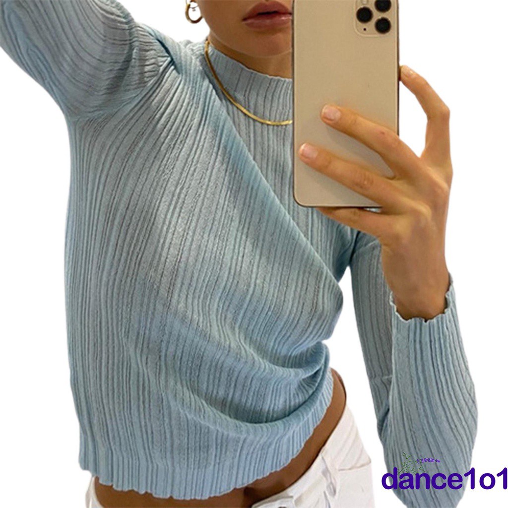 Áo thun tay dài cổ tròn màu sắc nhã nhặn cho nữ