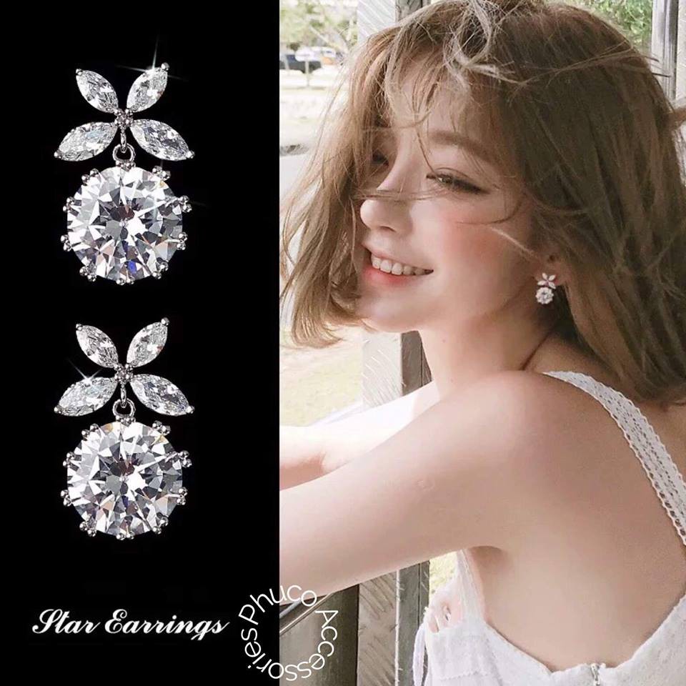 Bông tai cỏ 4 lá treo nụ đá 8mm bạc ta