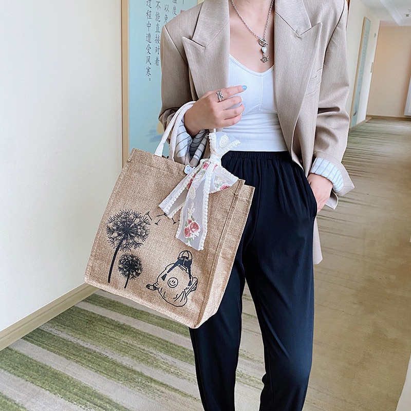 Túi cói ren cột nơ điệu đà đi chơi, túi xách đi biển