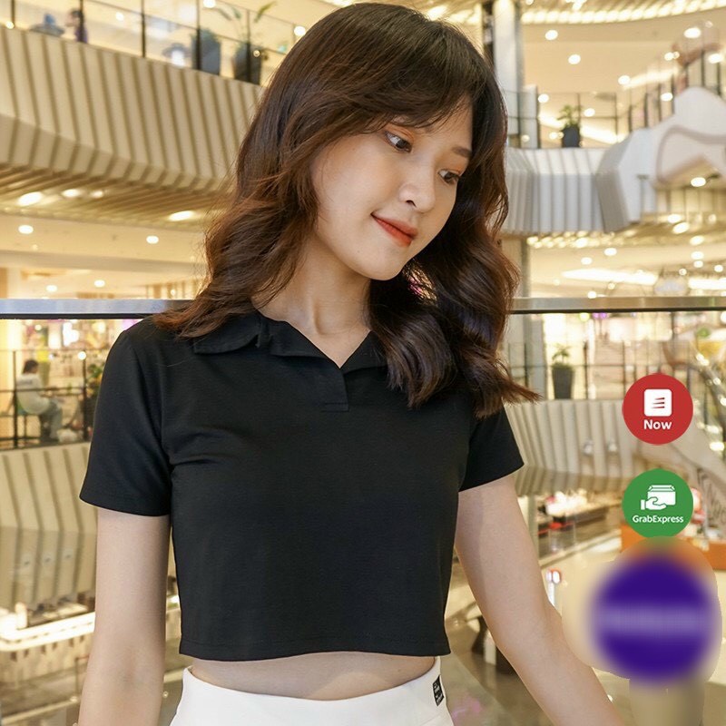 áo kiểu croptop cổ bẻ màu trơn
