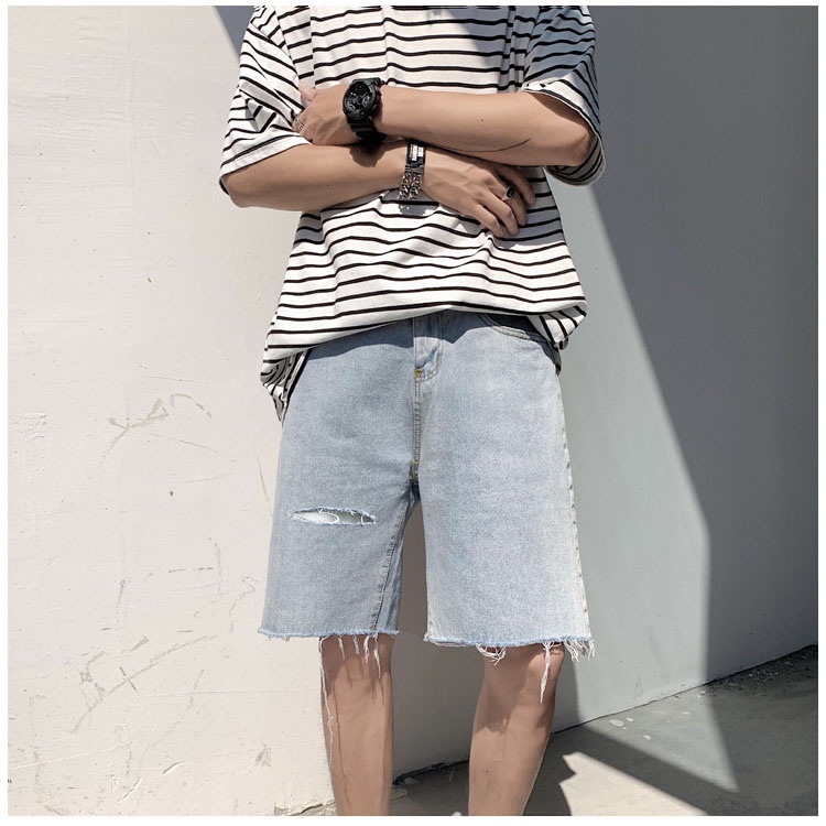 Quần short jean rộng unisex nam nữ màu xanh nhạt rách đùi ngố lửng lưng cao 02 chuyensiluxury hà nội hcm