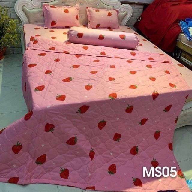Bộ Chăn Ga Cotton Poly Dâu Hồng 5 Món