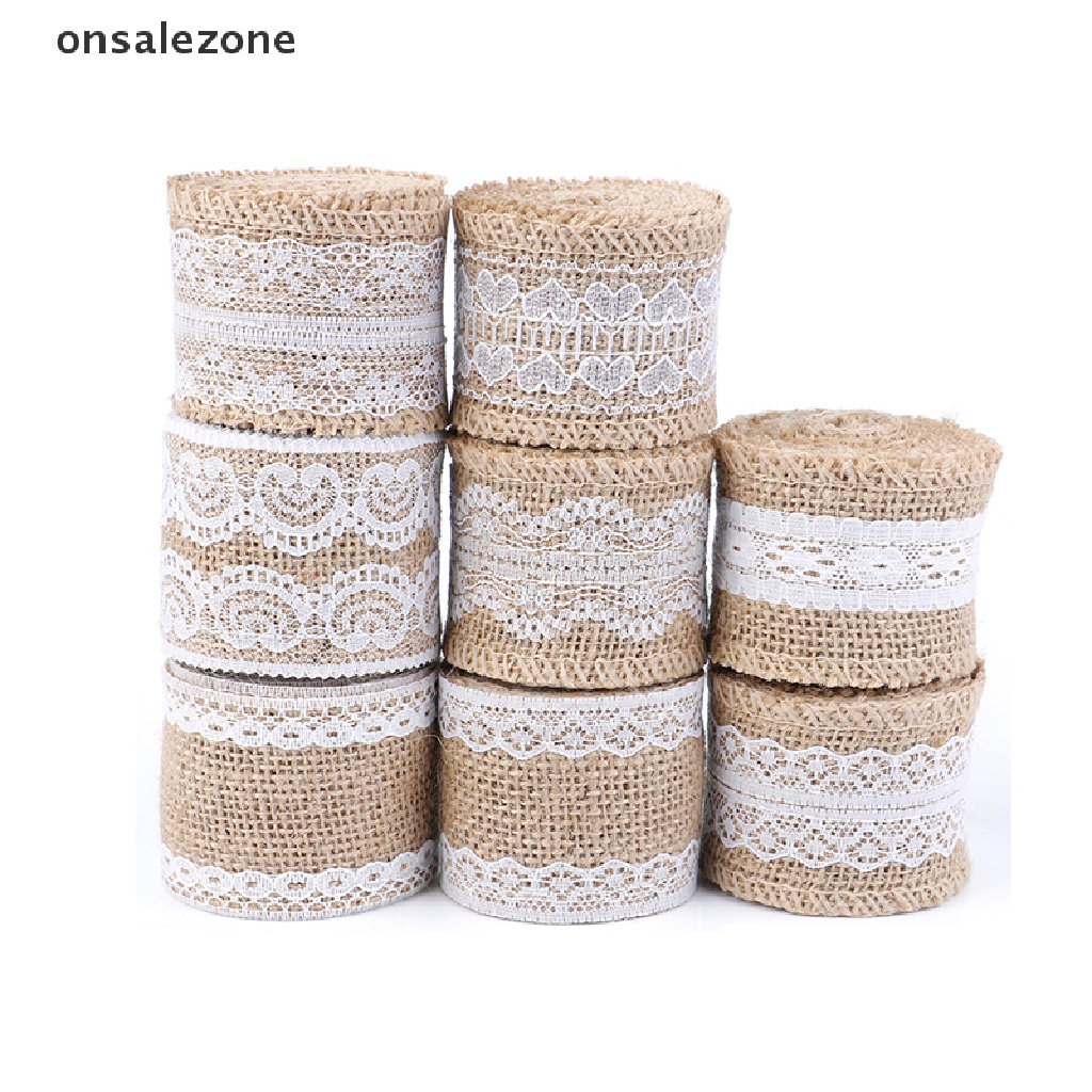 Cuộn ruy băng vải bố viền ren trắng dài 2m trang trí đa dụng