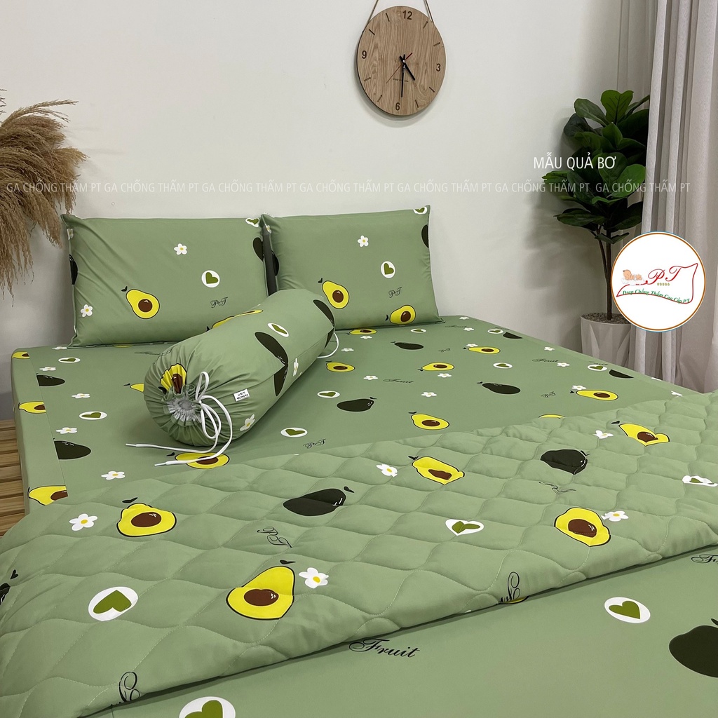 Bộ ga chống thấm cotton cho bé, drap chống thấm nước cao cấp kèm vỏ gối đầu và vỏ gối ôm mềm mịn mát (mẫu quả bơ)