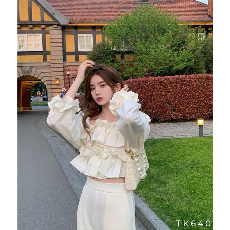 [Ảnh thật] Áo crop trễ vai bèo nhún tay dài croptop tiểu thư xinh xắn dạo phố du lịch cực kool
