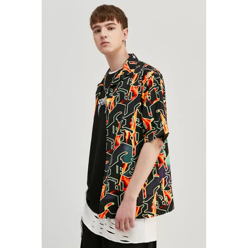 Áo sơ mi họa tiết MEANSTORE nam nữ tay lỡ Oversize form rộng ulzzang cổ pizama không nhăn dáng suông - Họa tiết lửa