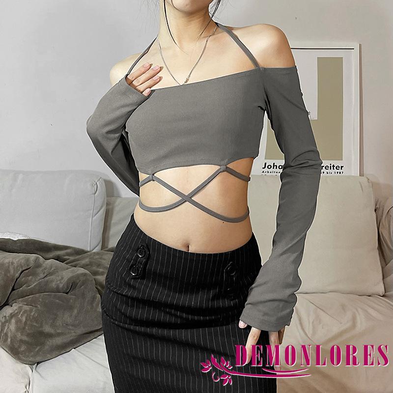 DEMQ-Women Solid Color Halter Neck Off Shoulder Long Sleeve Bandage Korean Style Crop Tops
