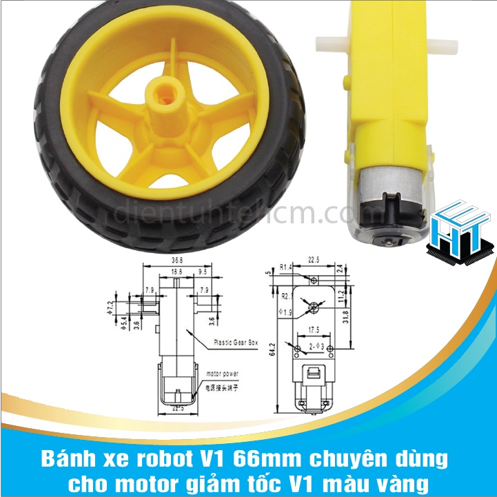 Bánh xe robot V1 66mm chuyên dùng cho motor giảm tốc V1 màu vàng