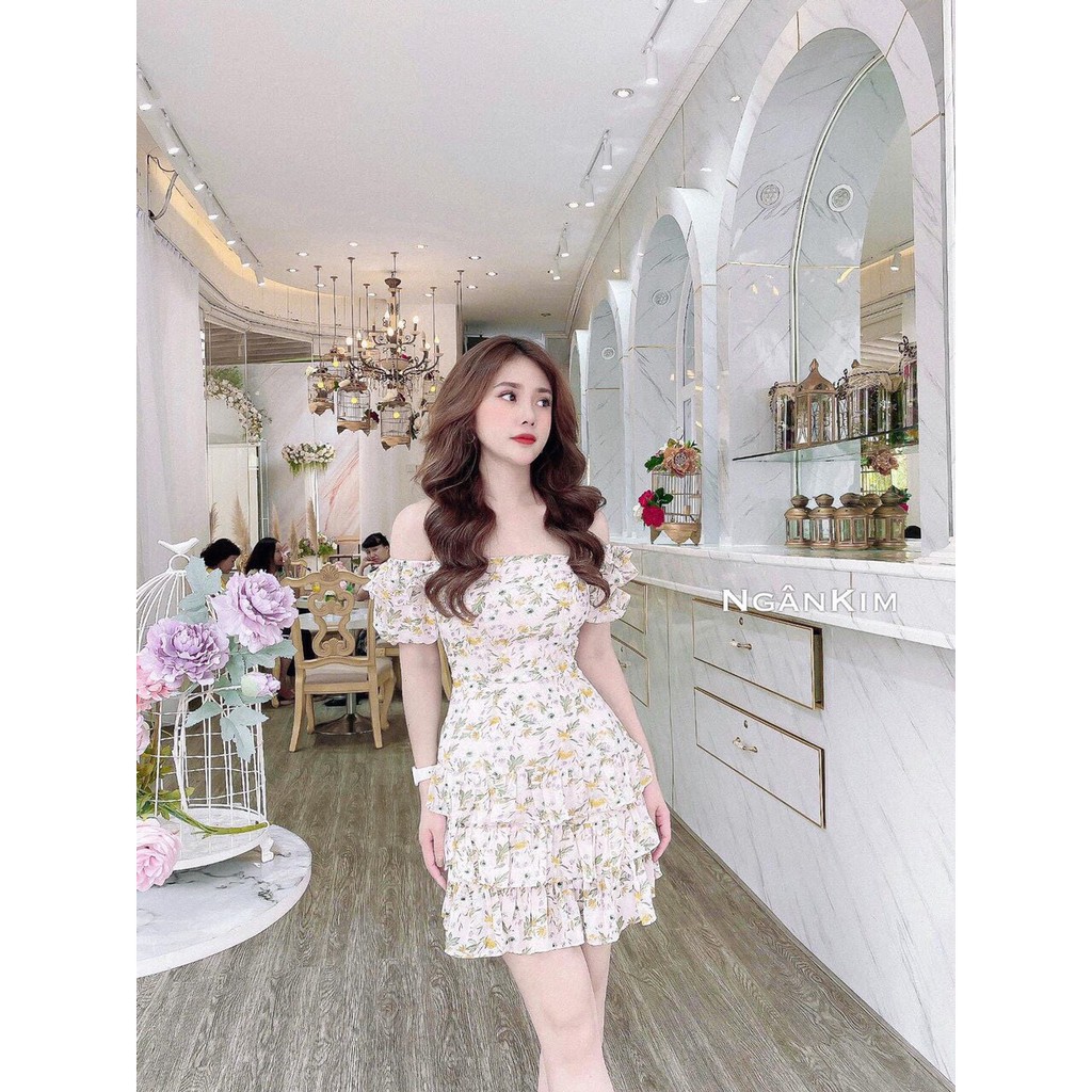 Đầm Váy Lụa Hoa Trễ Vai, Chân Váy Xếp Tầng Qúy Cô Sang Trọng Dự Tiệc | BigBuy360 - bigbuy360.vn