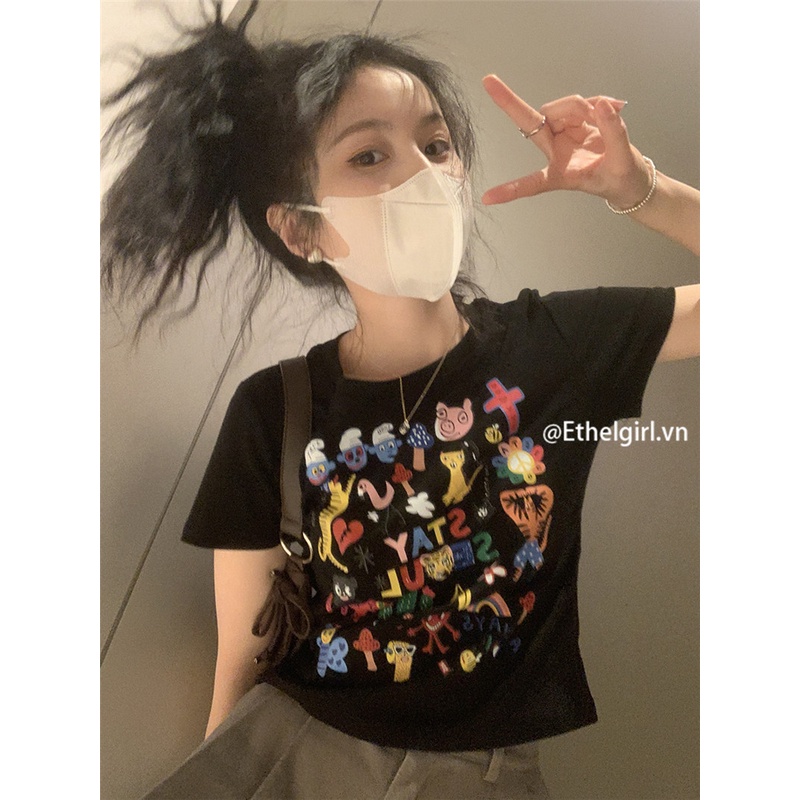Áo Thun Tay Ngắn Cổ Tròn Màu Đen In Họa Tiết Hoạt Hình Phong Cách Hàn Quốc Thời Trang Cho Nữ