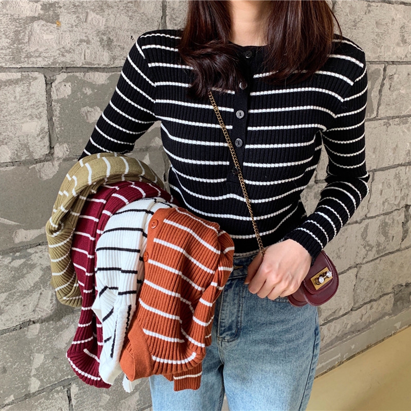 Áo thun SUXI dài tay họa tiết kẻ sọc phong cách Hàn Quốc thời trang dành cho nữ