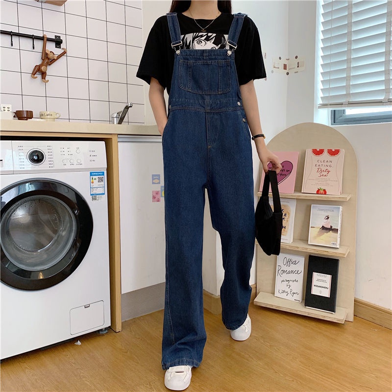 Quần yếm denim ống rộng phong cách Hàn Quốc thời trang cho nữ